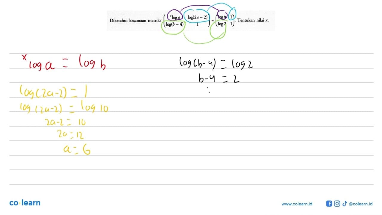 Diketahui kesamaan matriks (xloga log(2a-2) log(b-4)