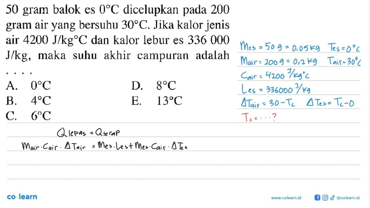 50 gram balok es 0 C dicelupkan pada 200 gram air yang