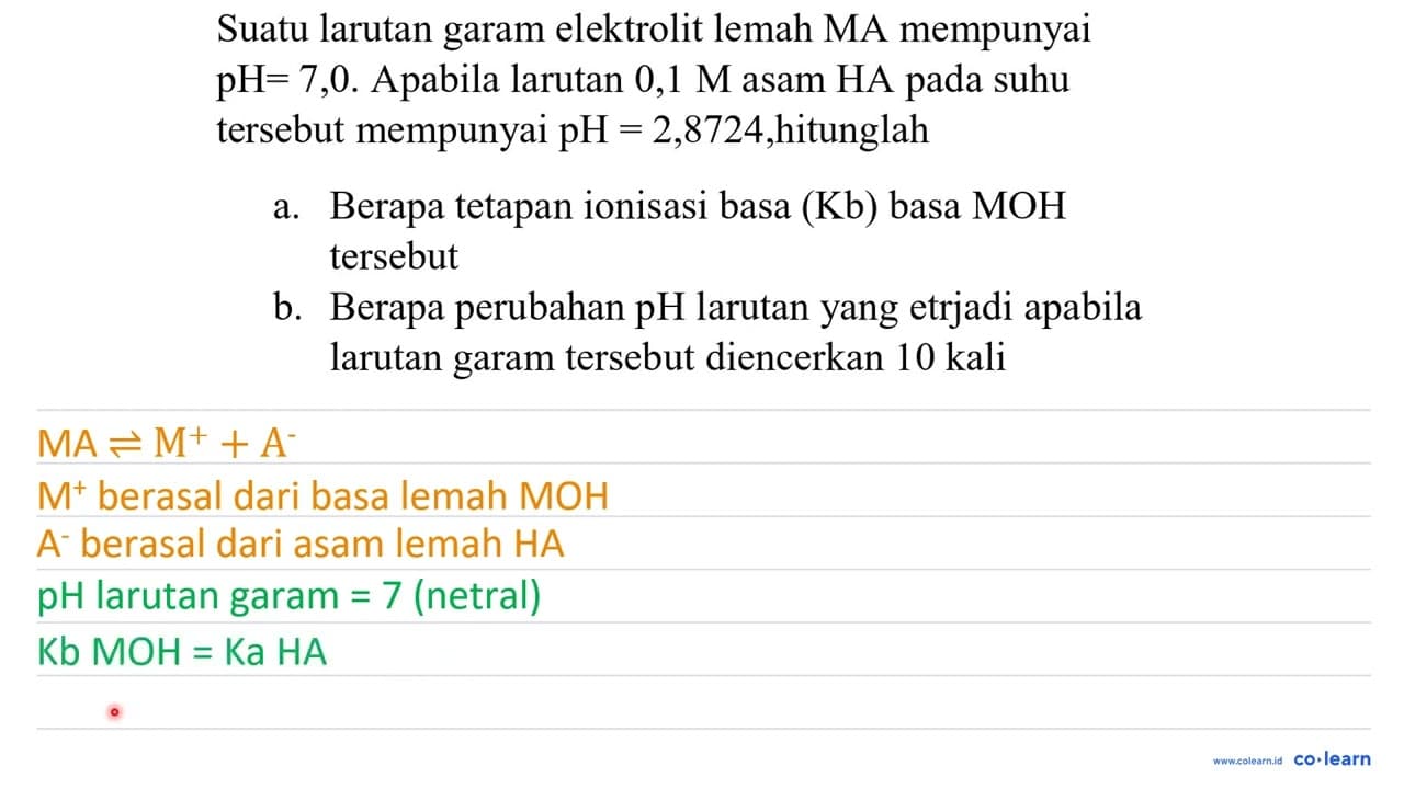 Suatu larutan garam elektrolit lemah MA mempunyai pH=7,0 .