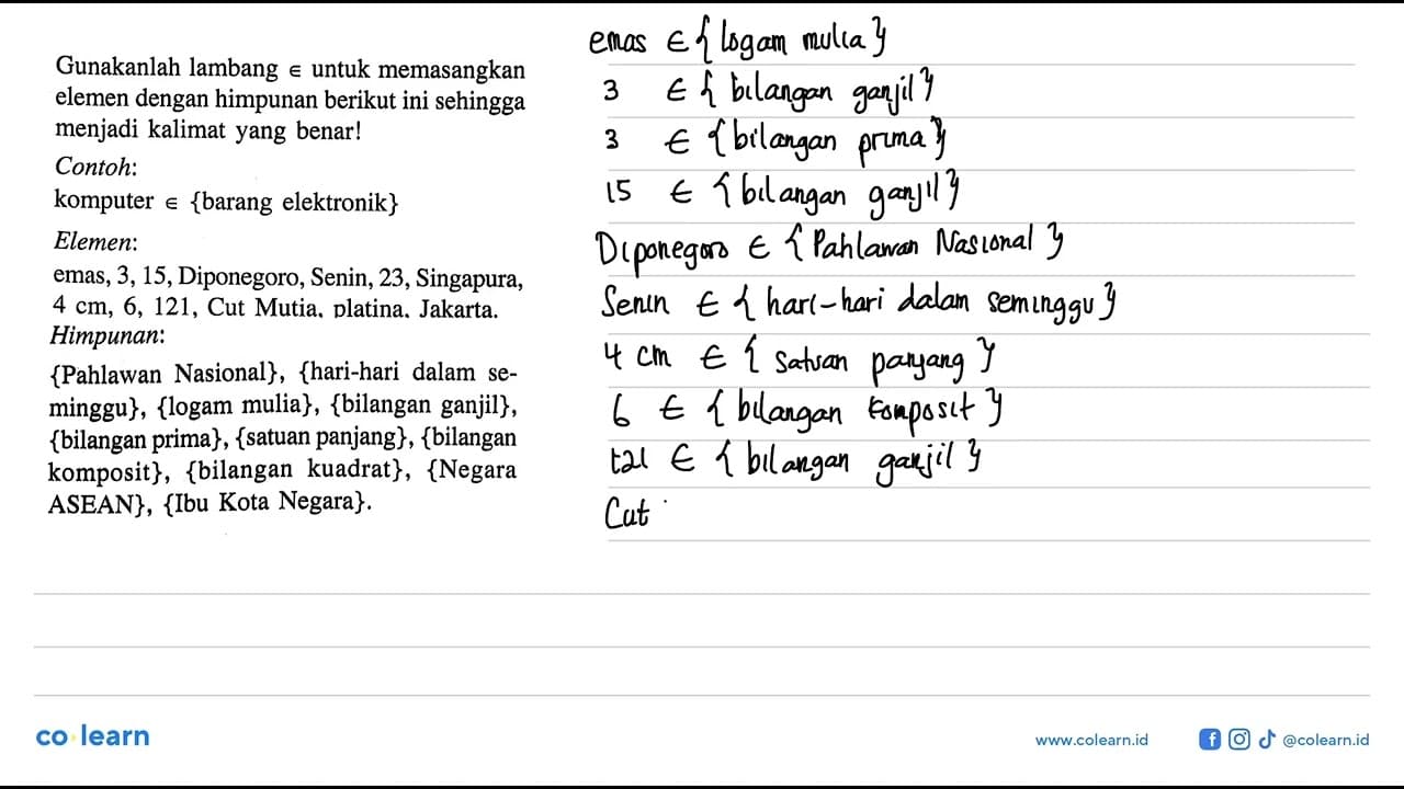 Gunakanlah lambang e untuk memasangkan elemen dengan