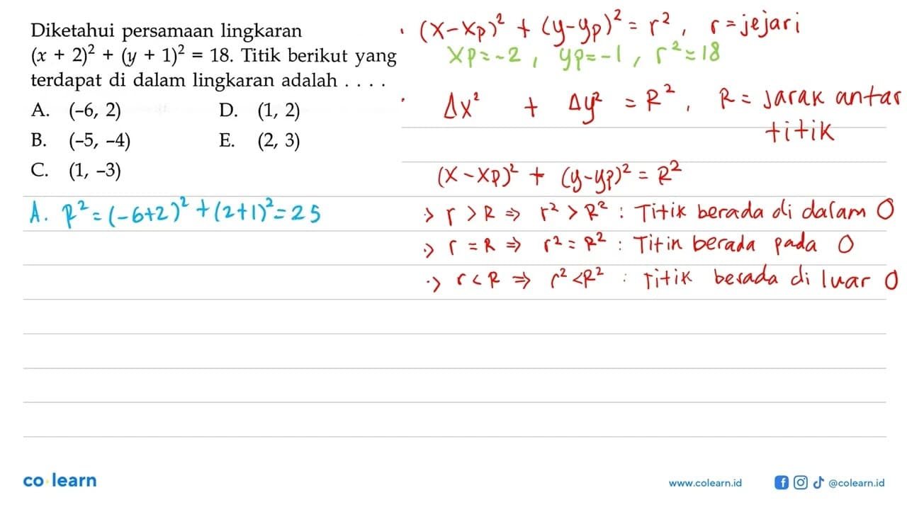 Diketahui persamaan lingkaran (x+2)^2+(y+1)^2=18 . Titik