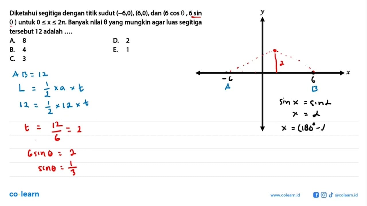 Diketahui segitiga dengan titik sudut (-6,0),(6,0), dan