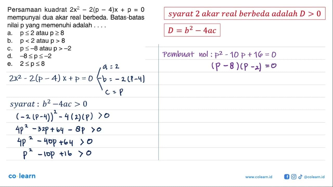 Persamaan kuadrat 2x^2 - 2(p - 4)x + p = 0 mempunyai dua