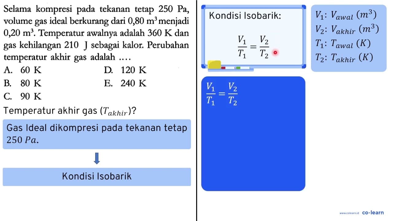 Selama kompresi pada tekanan tetap 250 Pa, volume gas ideal