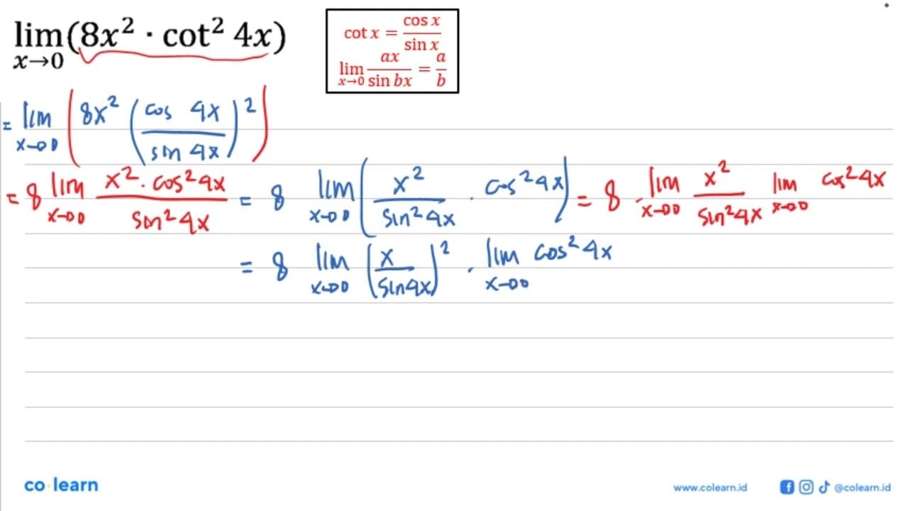 lim x->0 (8x^2.cot^2(4x))