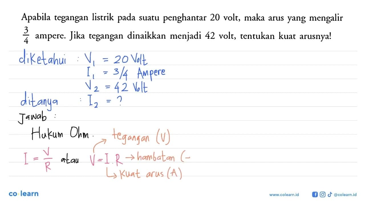 Apabila tegangan listrik pada suatu penghantar 20 volt,