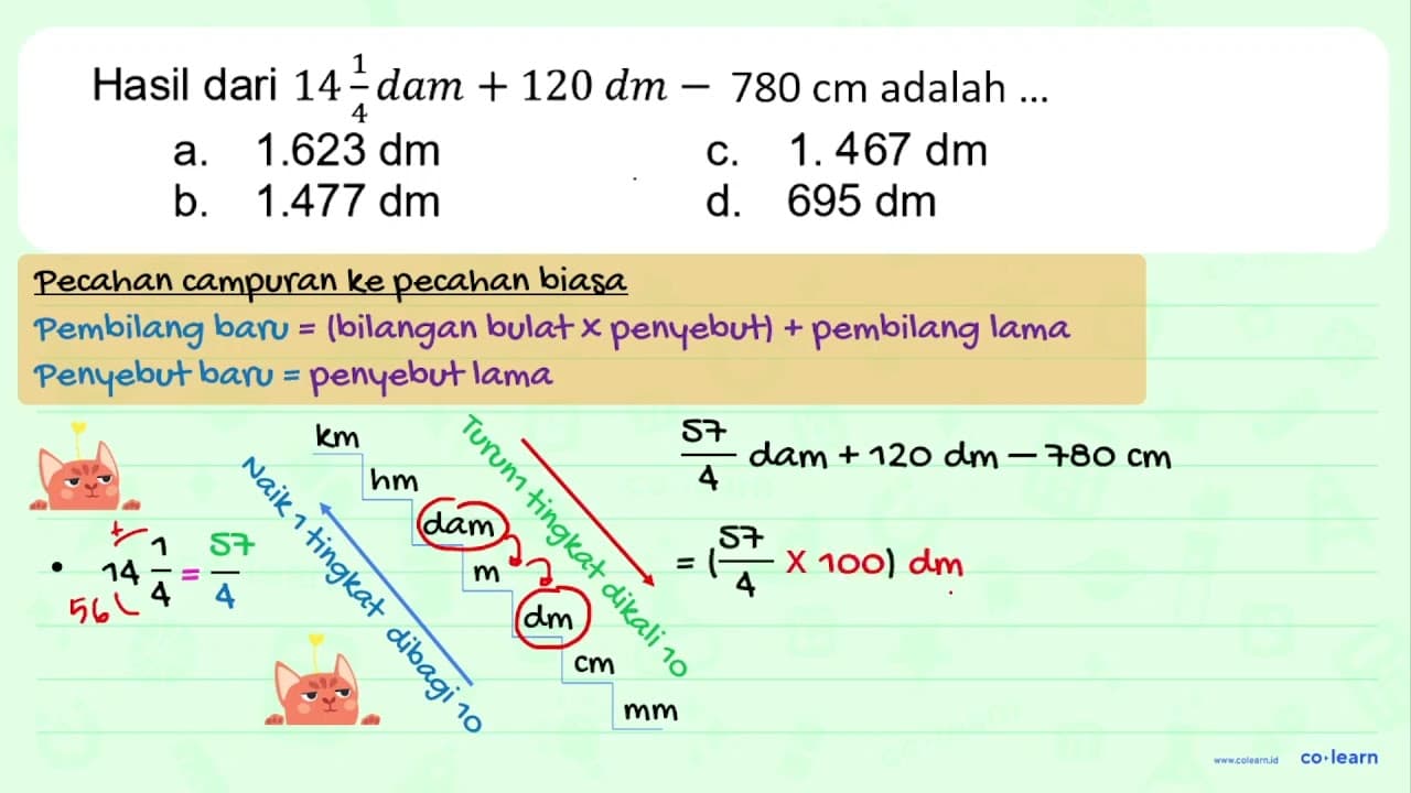 Hasil dari 14 1/4 dam+120 dm-780 adalah...