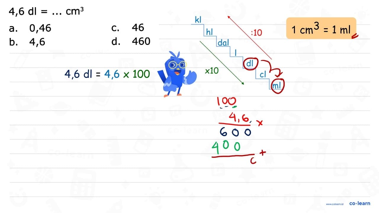 4,6 dl=... cm^(3) a. 0,46 C. 46 b. 4,6 d. 460