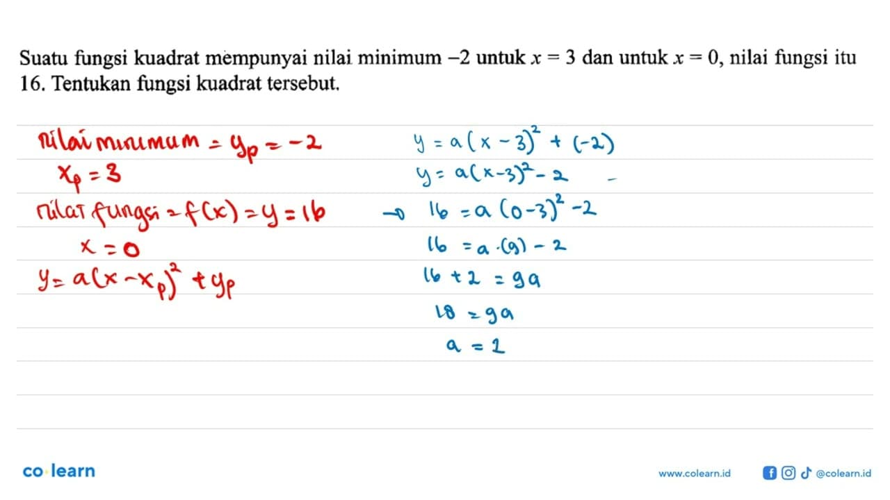 Suatu fungsi kuadrat mempunyai nilai minimum -2 untuk x=3