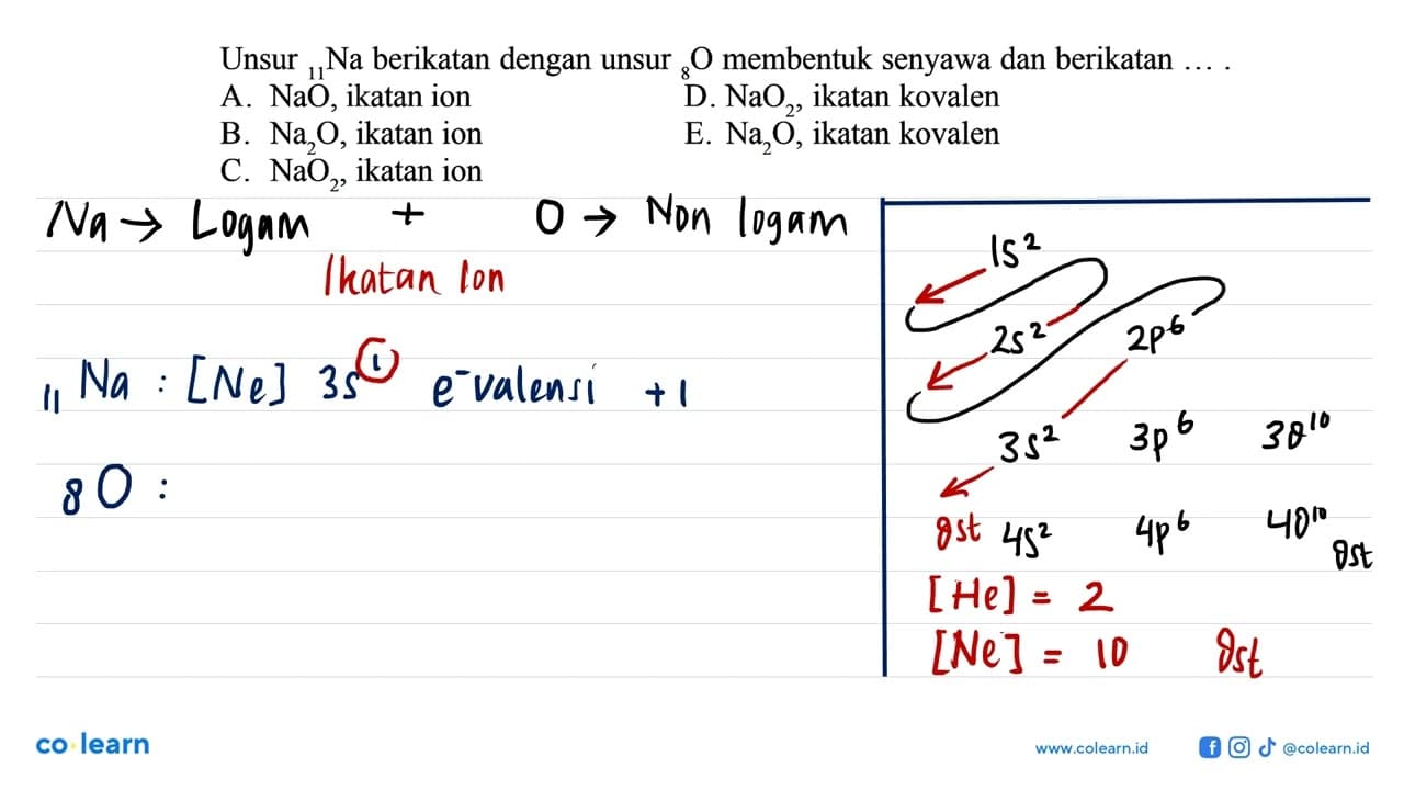 Unsur 11 Na berikatan dengan unsur 8 O membentuk senyawa