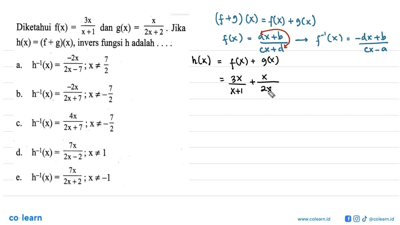 Diketahui f(x)=3x/(x+1) dan g(x)=x/(2x+2) . Jika