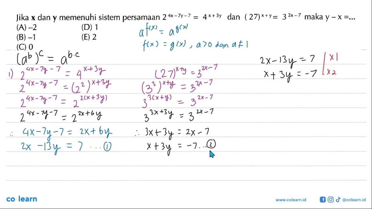 Jika x dan y memenuhi sistem persamaan 2^(4x-7y-7)=4^(x+3y)