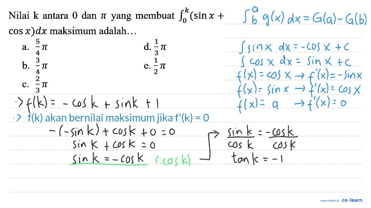 Nilai k antara 0 dan pi yang membuat integral