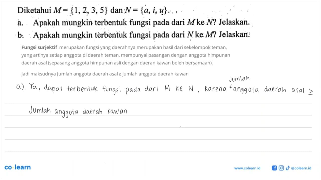 Diketahui M = {1,2,3,5} dan N = {a, i, u} ... , a. Apakah