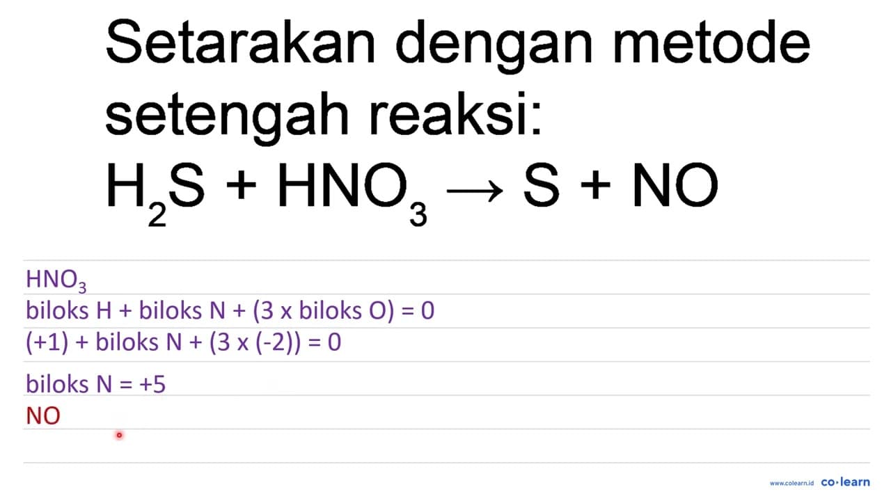 Setarakan dengan metode setengah reaksi: H_(2) ~S+HNO_(3)