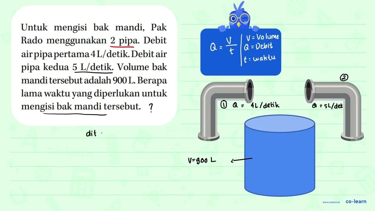 Untuk mengisi bak mandi, Pak Rado menggunakan 2 pipa. Debit