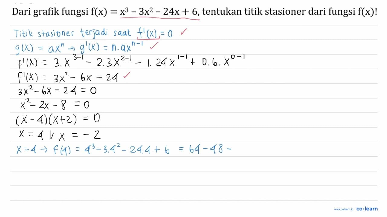 Dari grafik fungsi f(x) = x^3 - 3x^2 - 24x + 6, tentukan