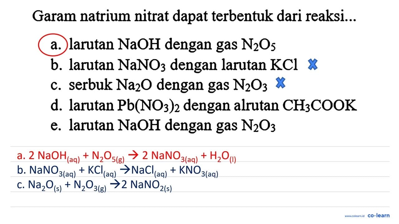 Garam natrium nitrat dapat terbentuk dari reaksi... a.