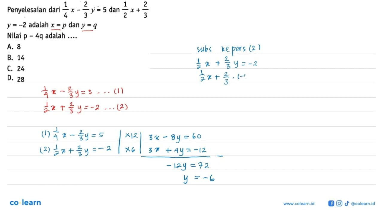 Penyelesaian dari (1/4)x - (2/3)y = 5 dan (1/2)x + (2/3)y =