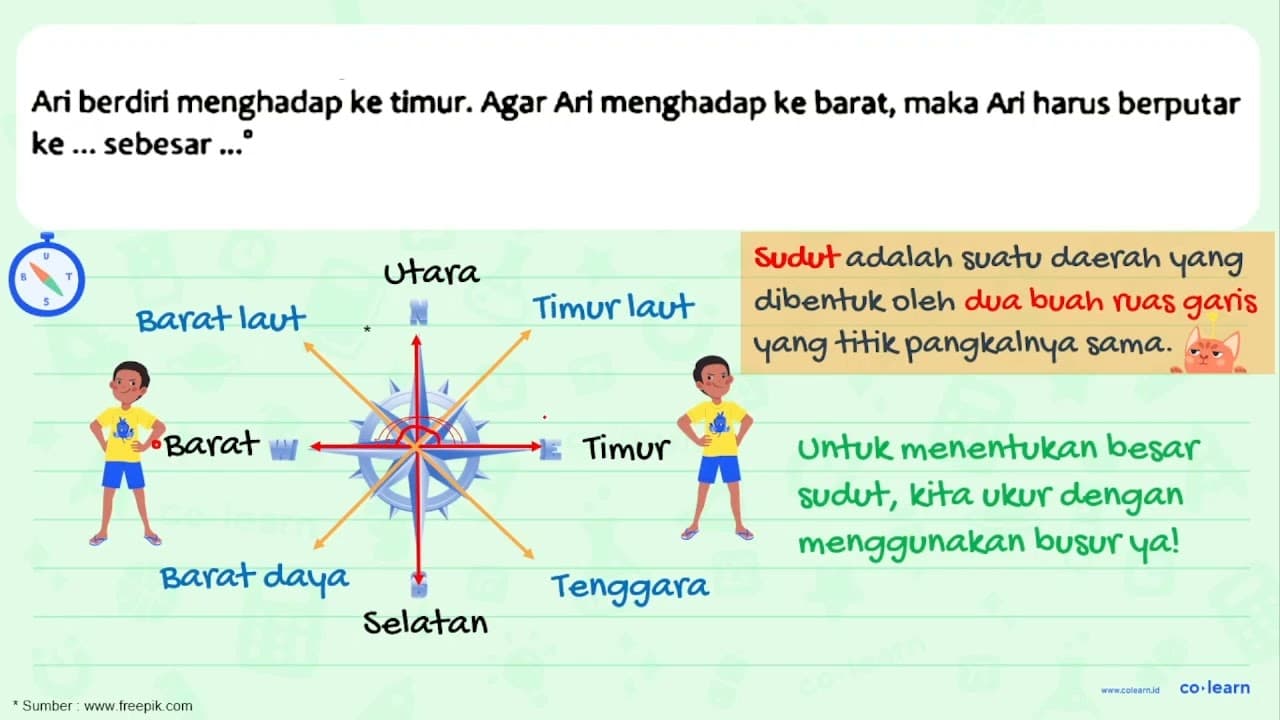 Ari berdiri menghadap ke timur. Agar Ari menghadap ke