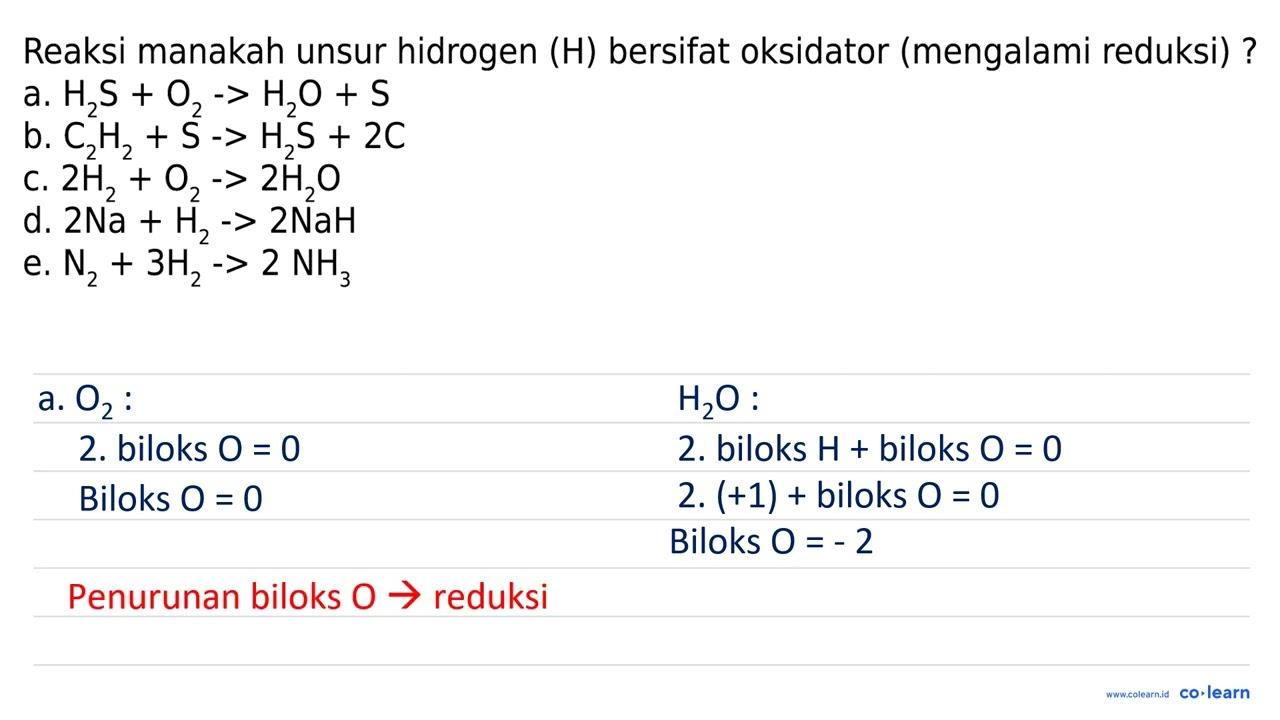 Reaksi manakah unsur hidrogen (H) bersifat oksidator