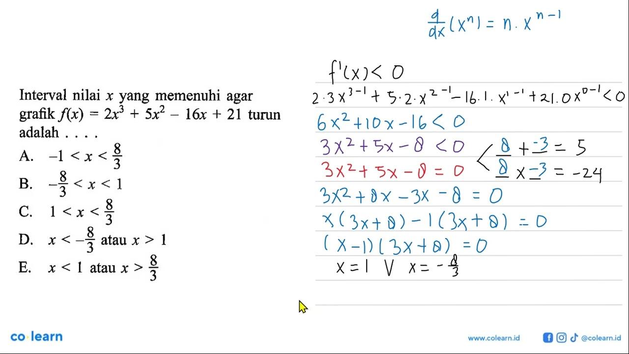 Interval nilai x yang memenuhi agar grafik f(x)=2x^3+