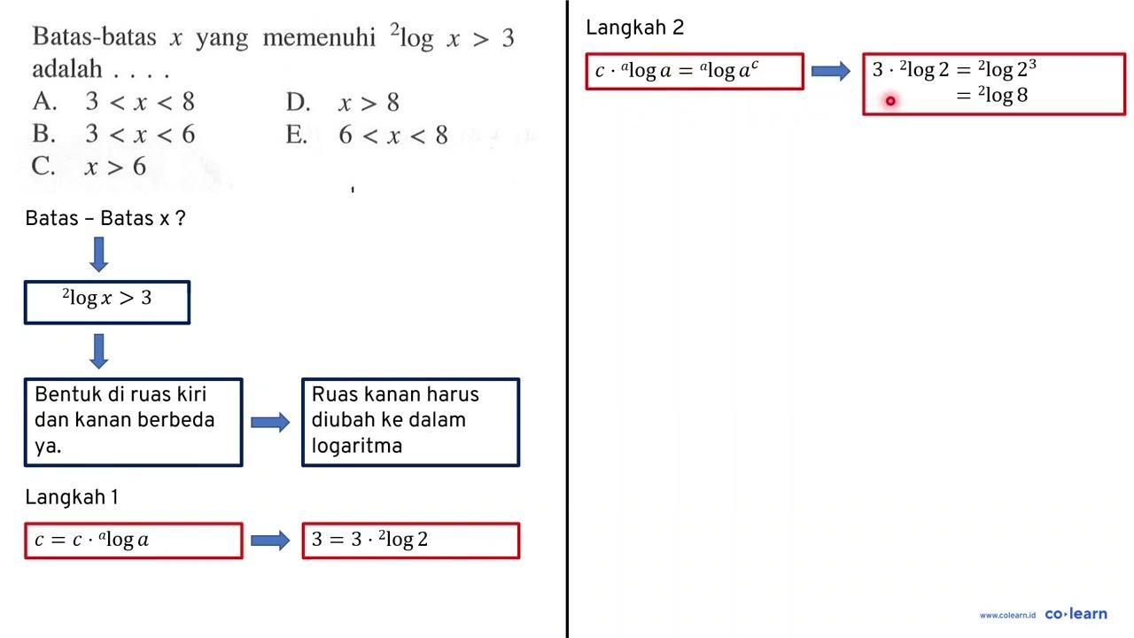 Batas-batas x yang memenuhi 2log x>3 adalah . . . .