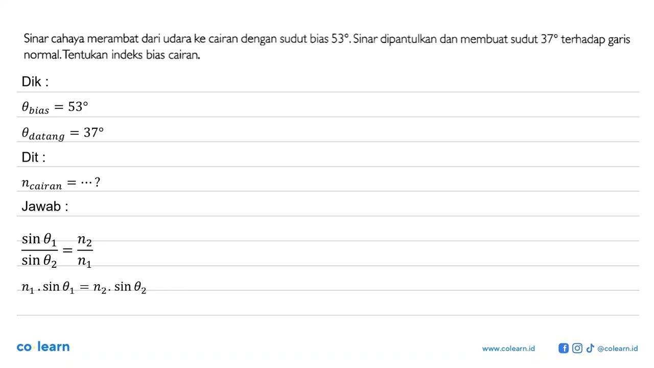 Sinar cahaya merambat dari udara ke cairan dengan sudut