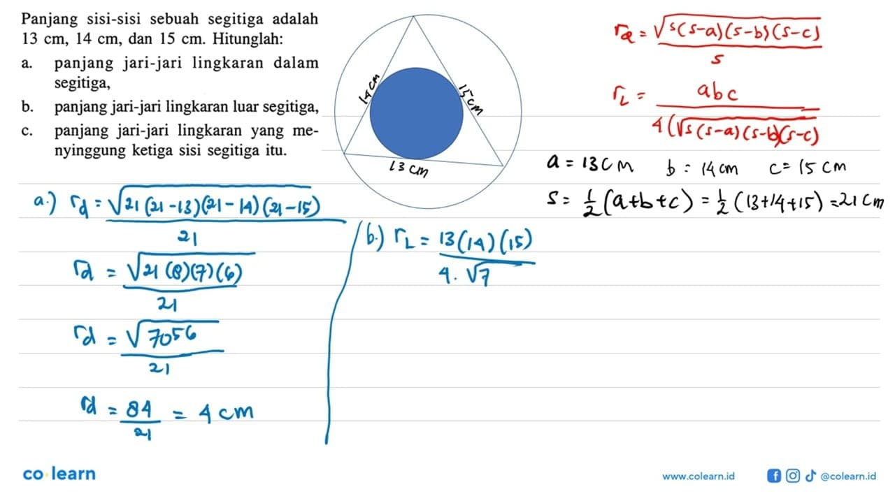 Panjang sisi-sisi sebuah segitiga adalah 13 cm, 14 cm, dan