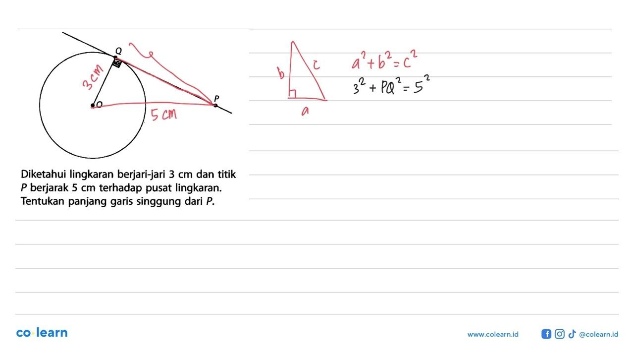 Diketahui lingkaran berjari-jari 3 cm dan titik P berjarak