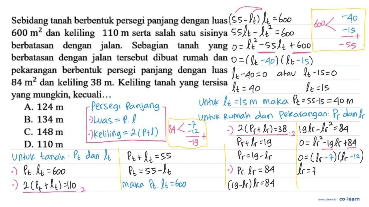 Sebidang tanah berbentuk persegi panjang dengan luas 600