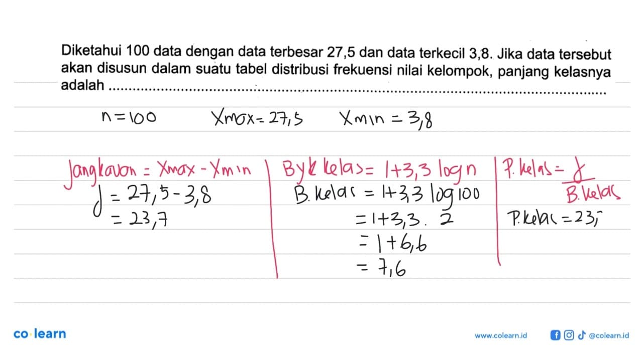 Diketahui 100 data dengan data terbesar 27,5 dan data