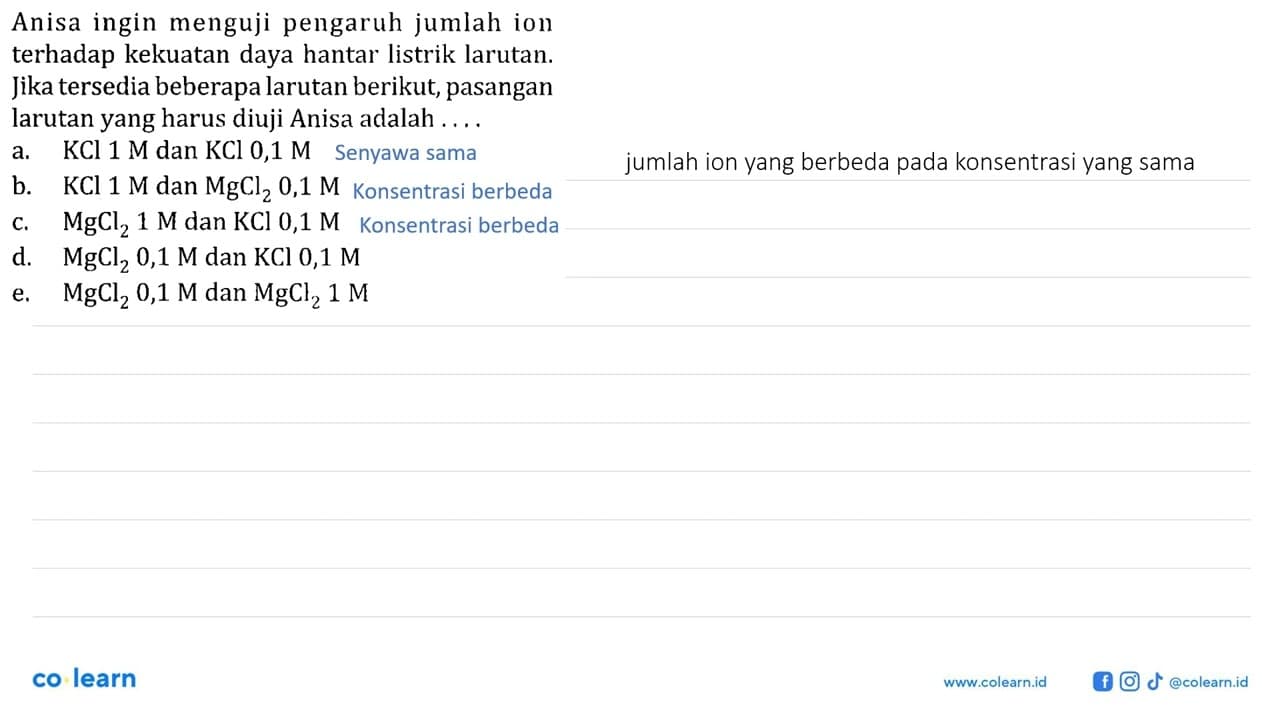 Anisa ingin menguji pengaruh jumlah ion terhadap kekuatan