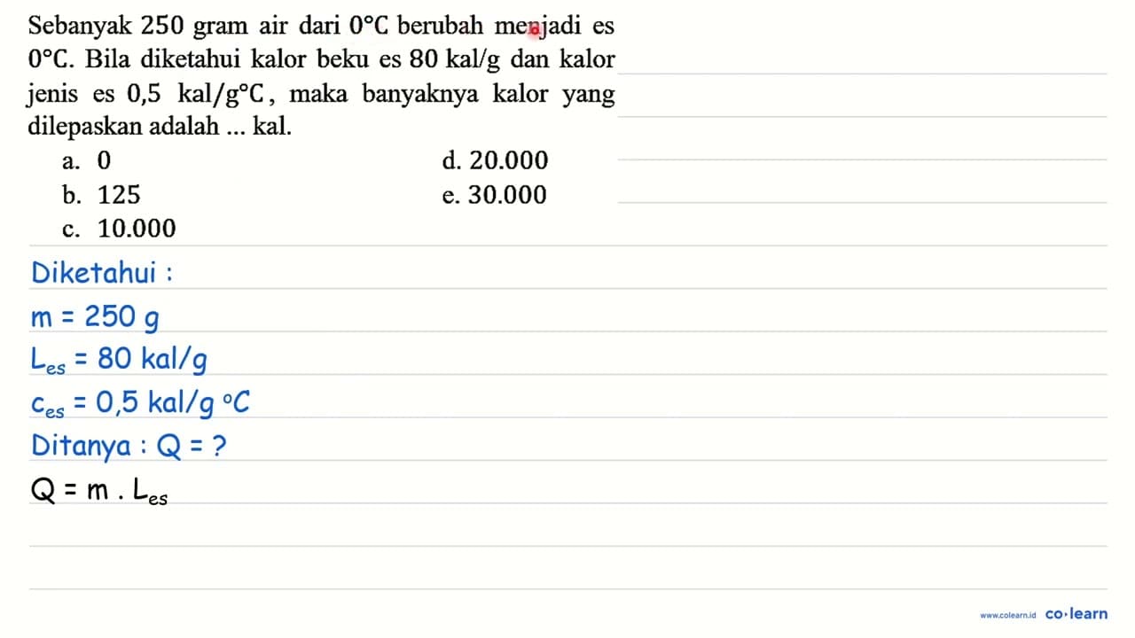 Sebanyak 250 gram air dari 0 C berubah menjadi es 0 C .