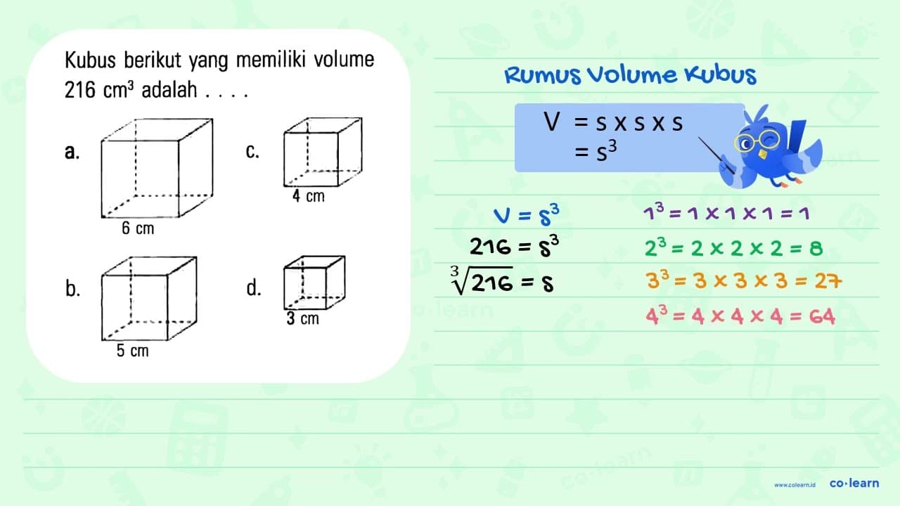 Kubus berikut yang memiliki volume 216 cm^3 adalah . . . .