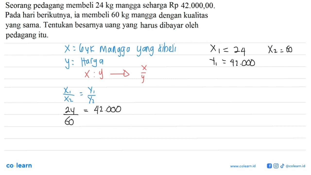 Seorang pedagang membeli 24 kg mangga seharga Rp 42.000,00