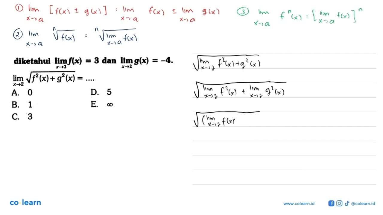 diketahui lim x->2 f(x)=3 dan lim x->2 g(x)=-4 lim x->2