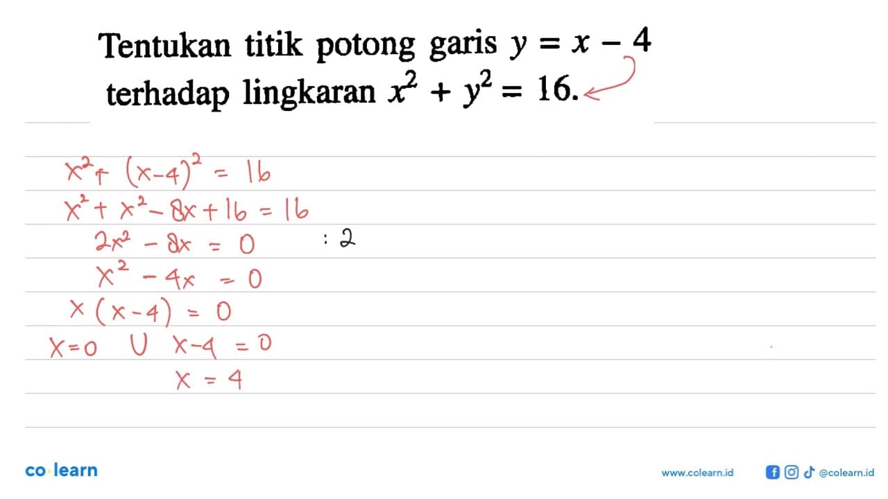 Tentukan titik potong garis y=x-4 terhadap lingkaran