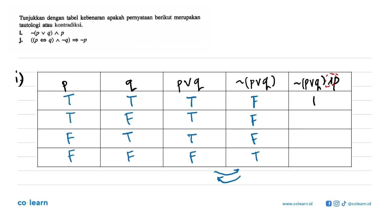 Tunjukkan dengan tabel kebenaran apakah pernyataan berikut