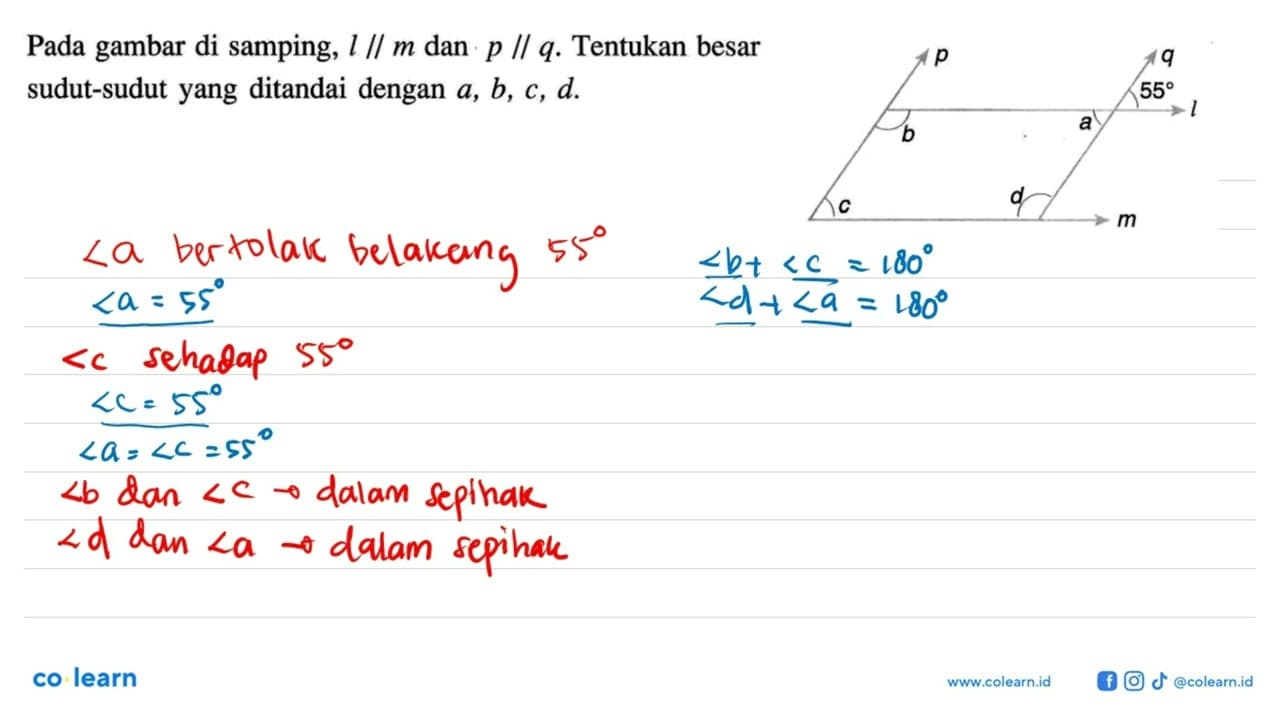 Pada gambar di samping, l // m dan p // q. Tentukan besar