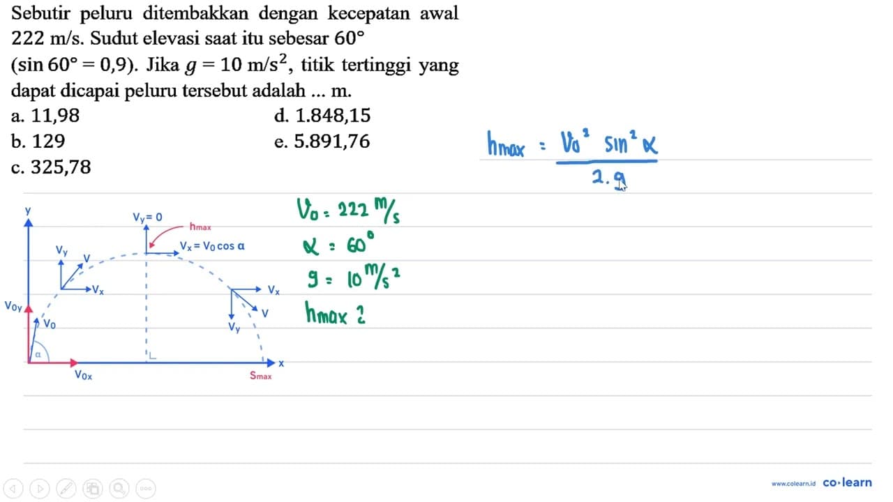 Sebutir peluru ditembakkan dengan kecepatan awal 222 m / s