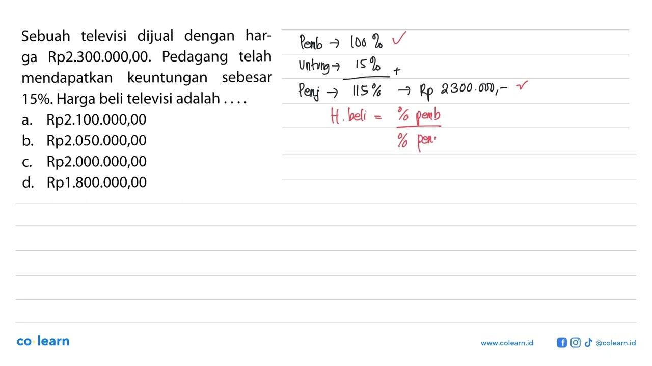 Sebuah televisi dijual dengan harga Rp2.300.000,00.