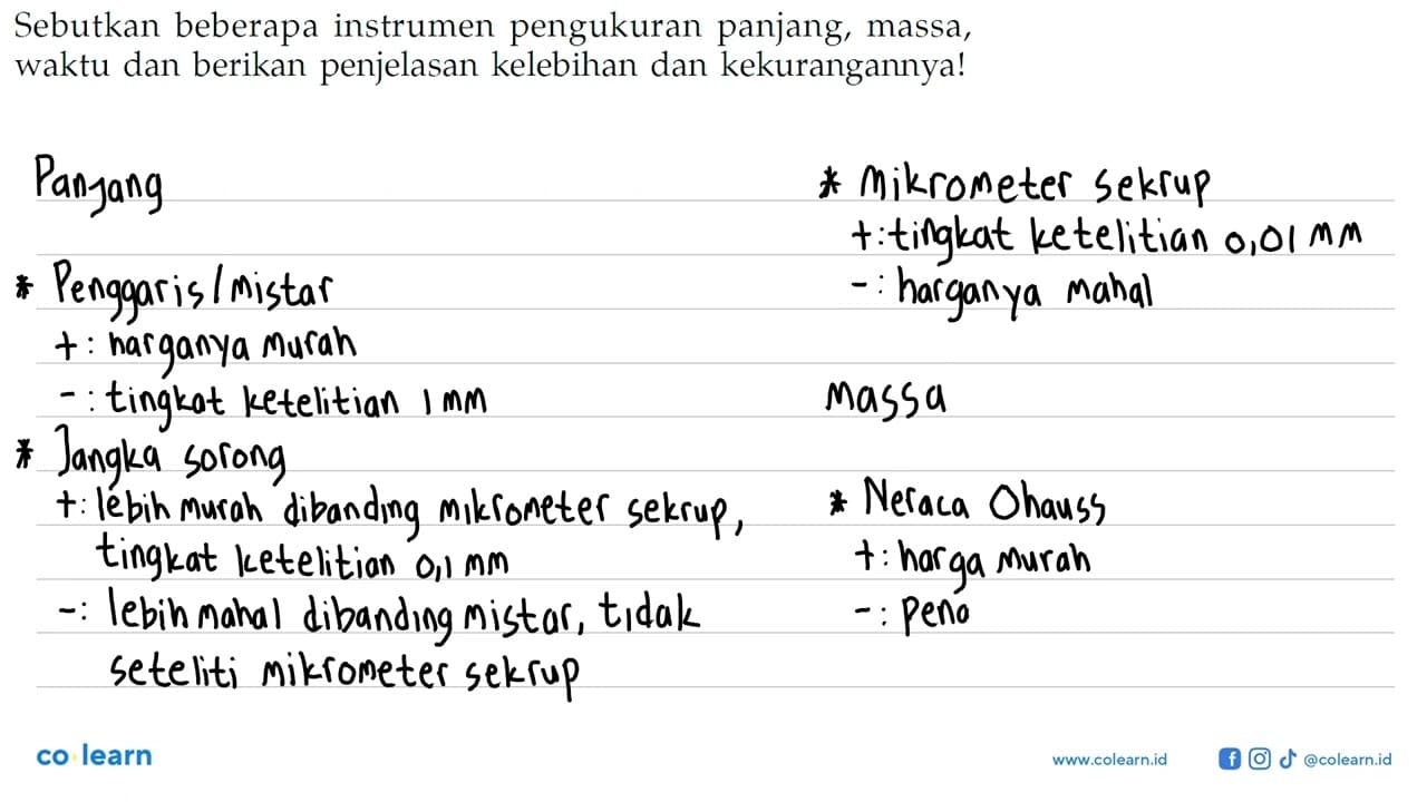 Sebutkan beberapa instrumen pengukuran panjang, massa,