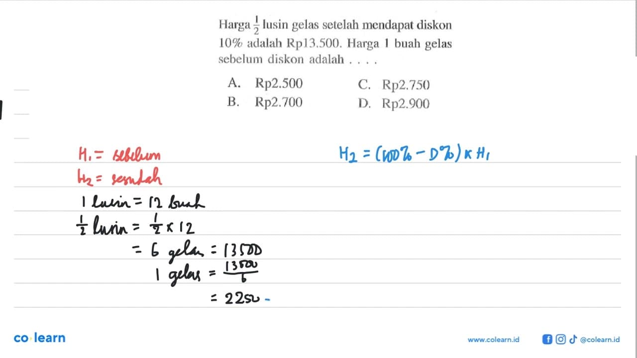 Harga 1/2 lusin gelas setelah mendapat diskon 10% adalah