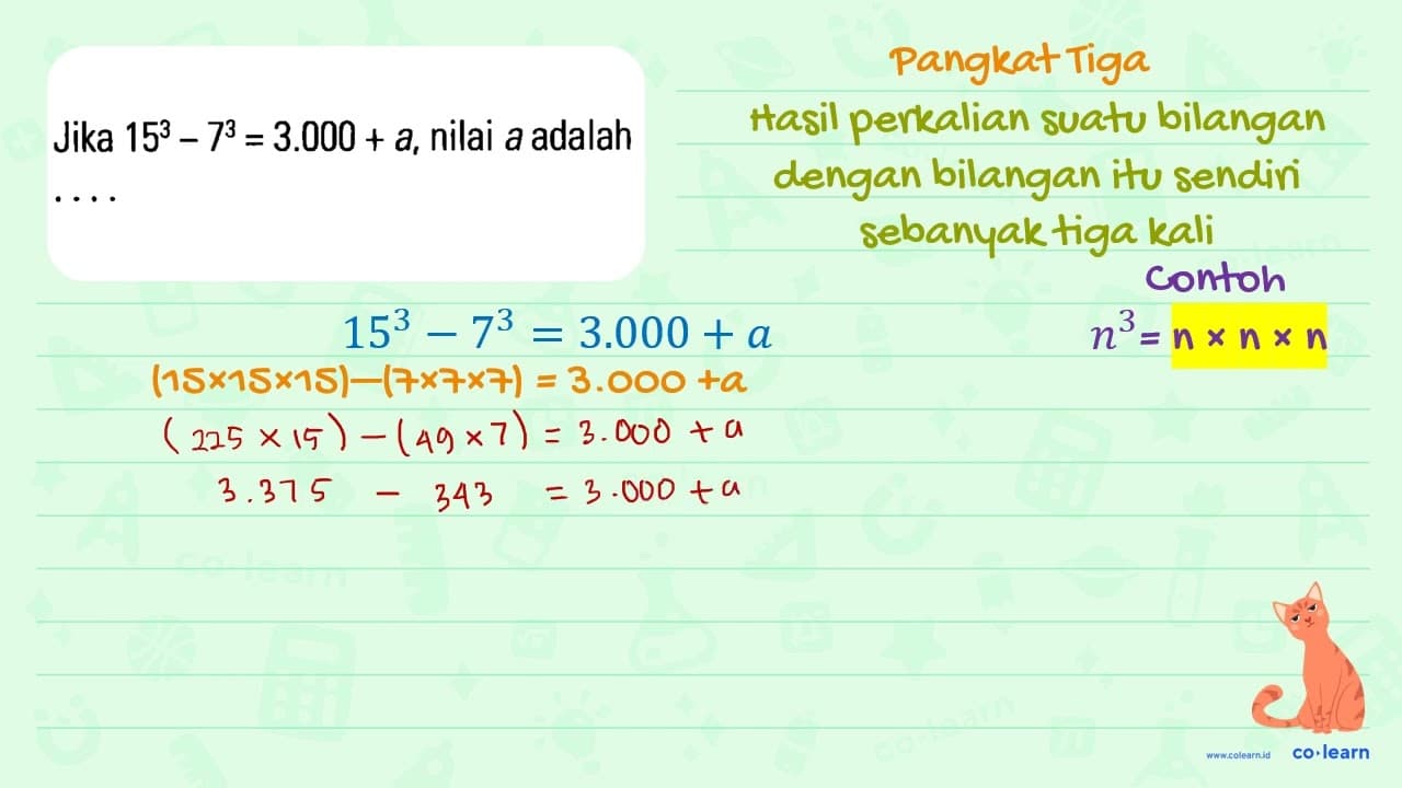 Jika 15^3 - 7^3 = 3.000 + a, nilai a adalah....