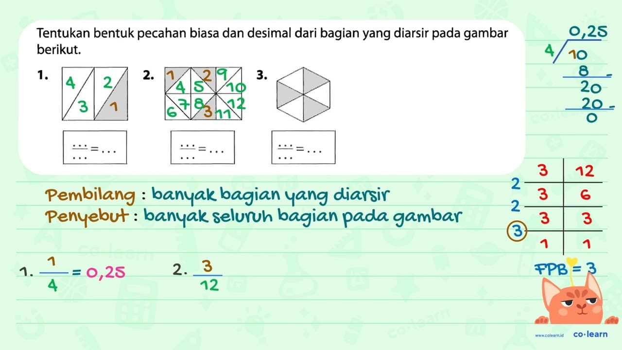 Tentukan bentuk pecahan biasa dan desimal dari bagian yang