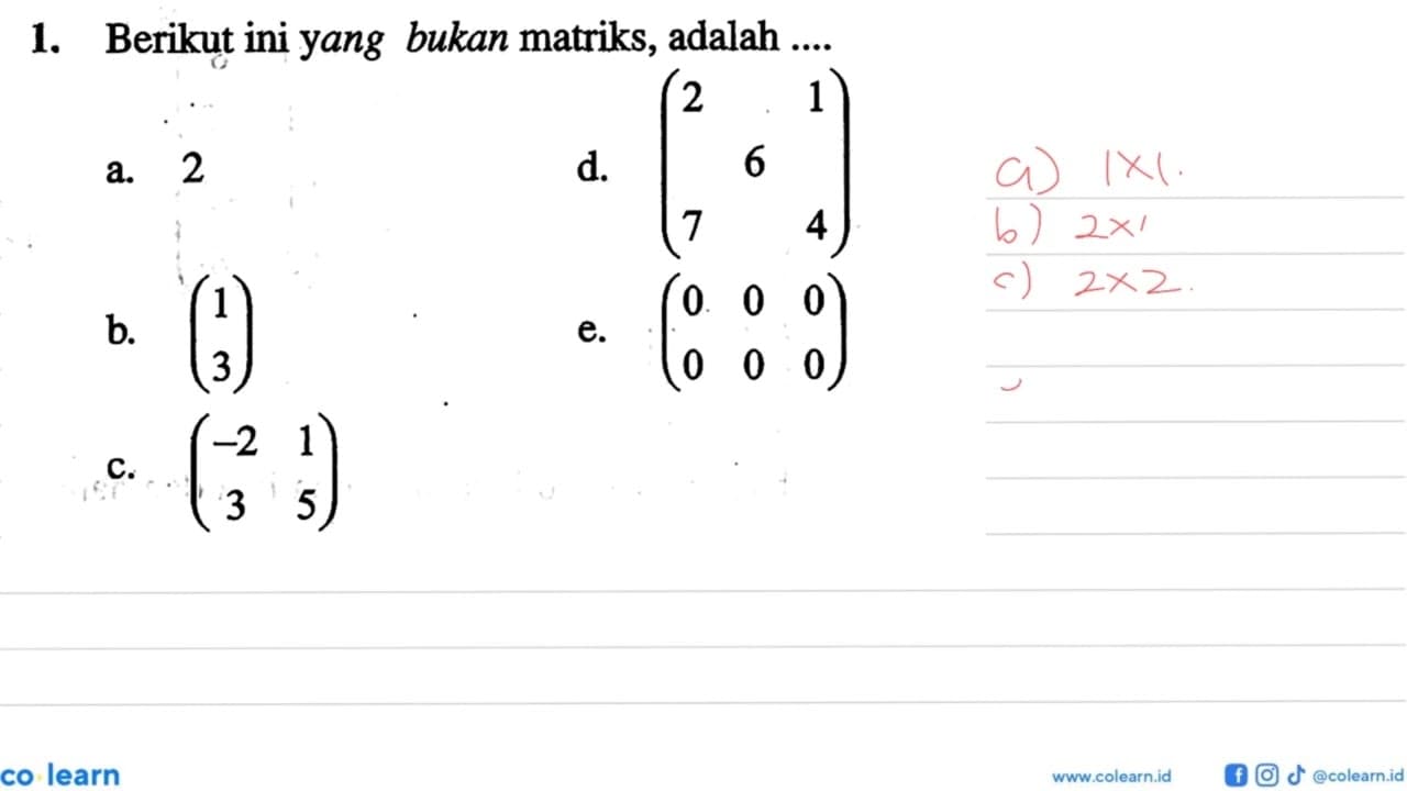 1. Berikut ini yang bukan matriks, adalah ....