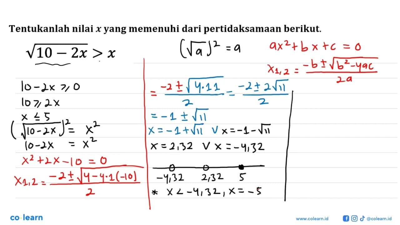 akar(10 - 2x) > x