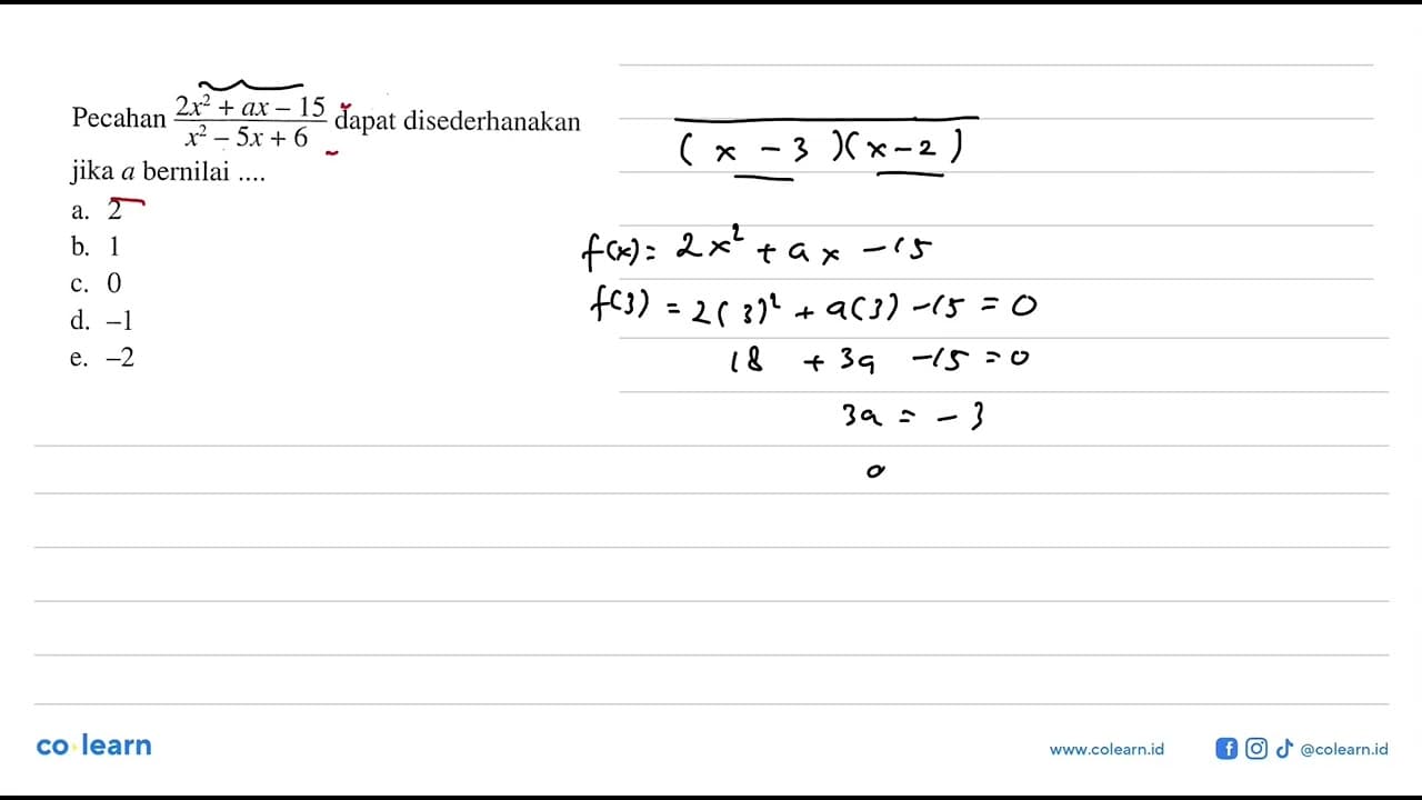 Pecahan (2x^2+ax-15)/(x^2-5x+6) dapat disederhanakan jika a