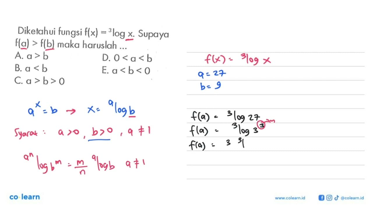 Diketahui fungsi f(x)=3log x. Supaya f(a)>f(b) maka